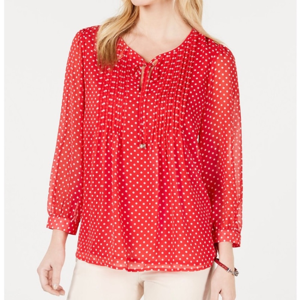 Tommy Hilfiger Red White Polka Dot Blouse Keyhole Neckline XXL New Without Tags
